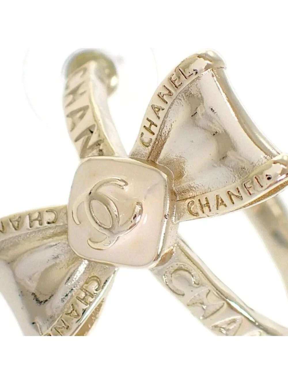 Chanel Ribbon Hoop CC Logo Earrings Metal Gold